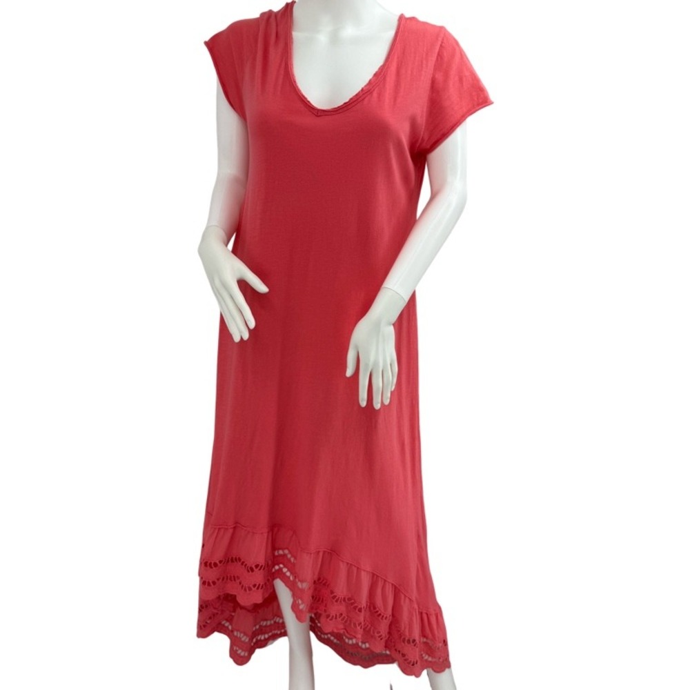 VANESSA ALEXANDRA Large Cotton High-Low Maxi Dress Pink Eyelet Ruffle ‎ Vacation